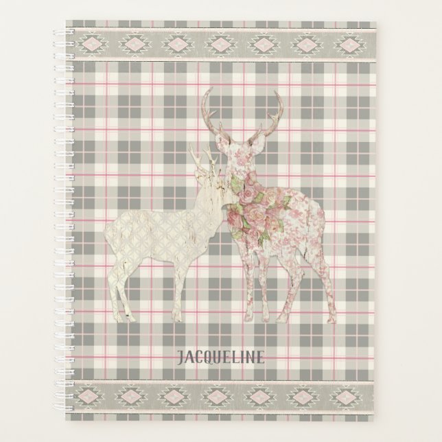 Agenda BOHO Girly Lodge Deer Antler Pink Gray Placa (Anverso)