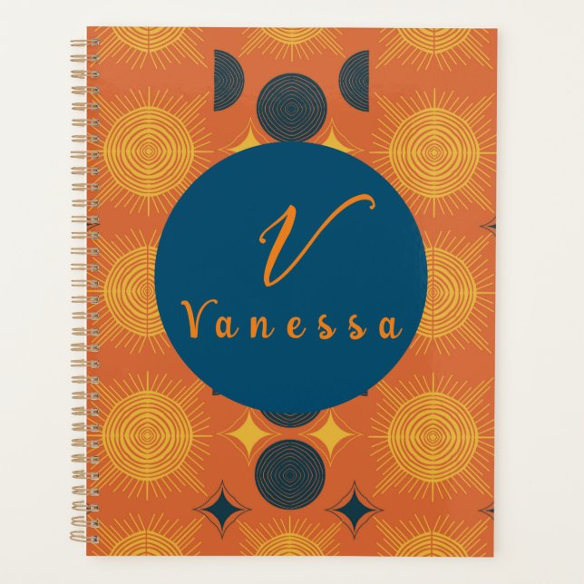 Agenda Boho Naranja Celestial de Sun Moon Monograma Scrip (Anverso)