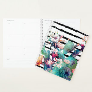 Agenda Bonito acuarela cactus diseño floral y rayas