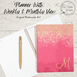 Agenda Bonito en rosa con Purpurina de oro y monograma