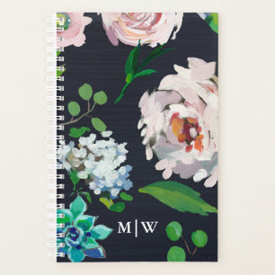 Agenda Bonito Pastel de Flores en Negro con Monograma