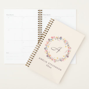 Agenda Bonito Pastel Floral Wreath Monograma Personalizad