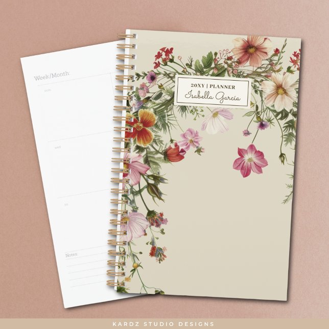 Agenda Bonito personalizada Planner de flores silvestres (The front of small planner is shown, and a sample of an inside page. Choose small or standard size.)