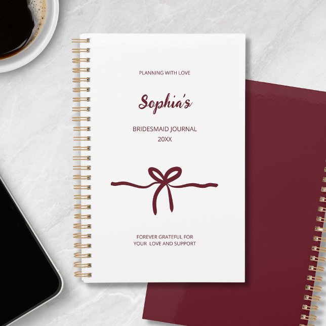 Agenda Borgoña Arco Damas de Honor Moderno Nombre del Año (Burgundy Bow Bridesmaid Modern Script Name Year Planner)