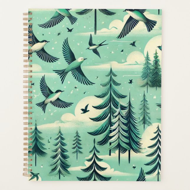 Agenda Bosque verde turquesa y patrón de pájaros (Anverso)