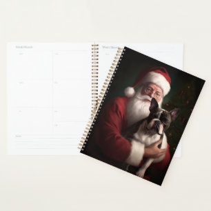 Agenda Boston Terrier Con Santa Claus Festivo Navidad