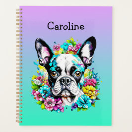 Agenda Boston Terrier rodeado de flores personalizadas
