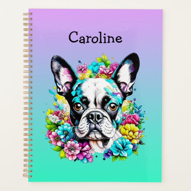 Agenda Boston Terrier rodeado de flores personalizadas (Anverso)