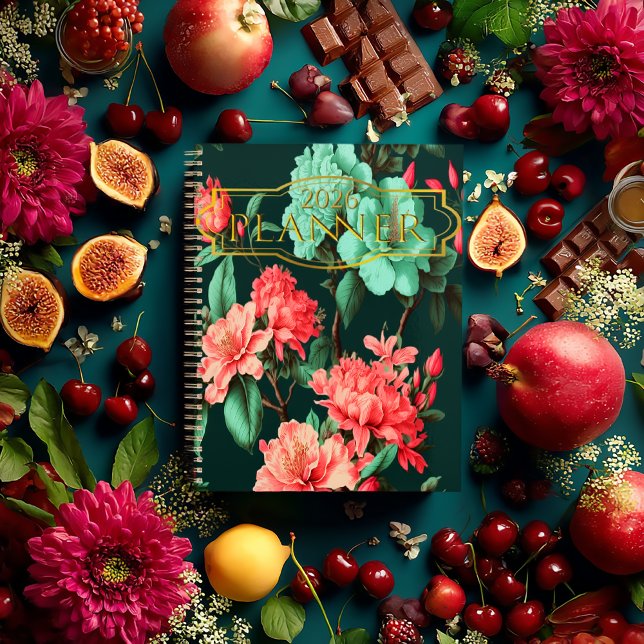 Agenda Botánica oscura romántica floral azul y rosa (Romantic Floral Dark Botanicals Personal Planner 2026)