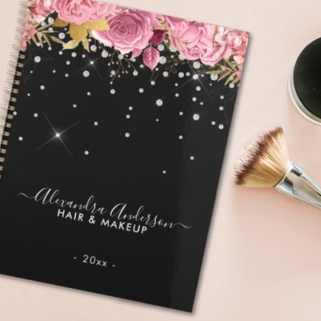 Agenda Botánico Moderno Flores Rosadas Diamantes Brillo (Modern Botanical Pink Floral Diamonds Glitter Planner)