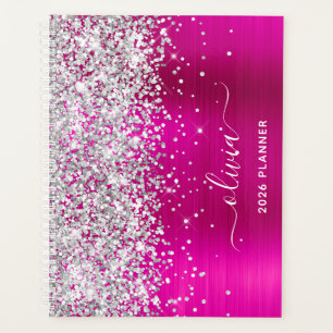 Agenda Brillo Plateado Rosa Caliente de Hoja con Floritur