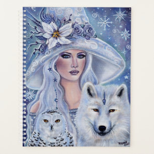 Agenda Bruja blanca con arte de lobo y búho por Renee Lav
