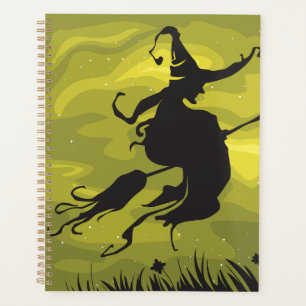 Agenda Bruja espeluznante de Halloween volando en escoba