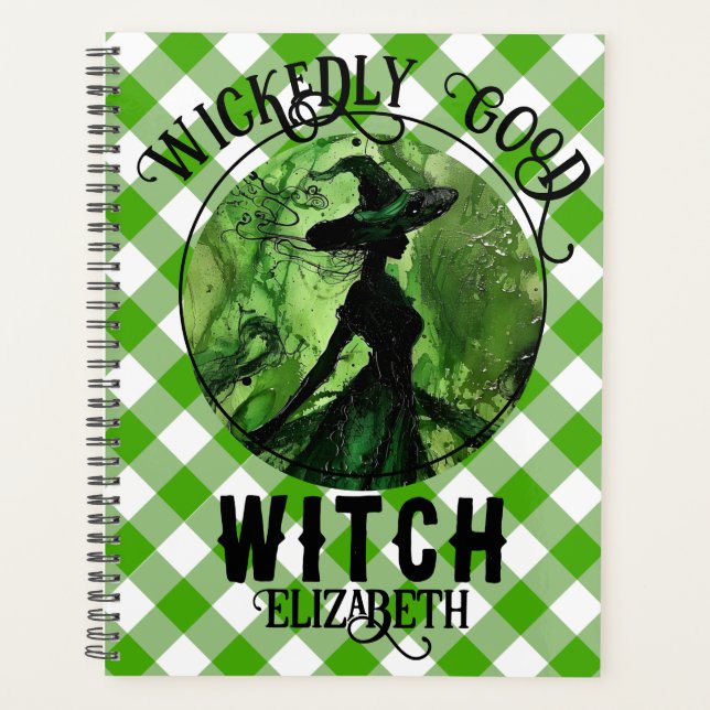 Agenda Bruja verde de gingham personalizada perversamente (Anverso)