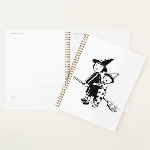 Agenda Bruja y payaso de Halloween montando escoba