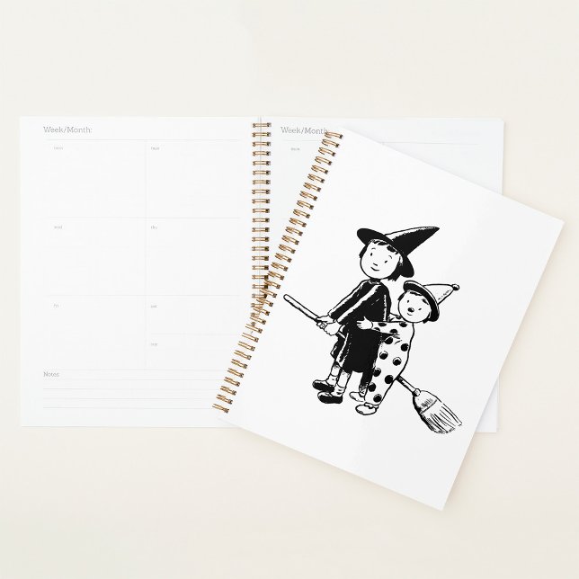 Agenda Bruja y payaso de Halloween montando escoba (Subido por el creador)