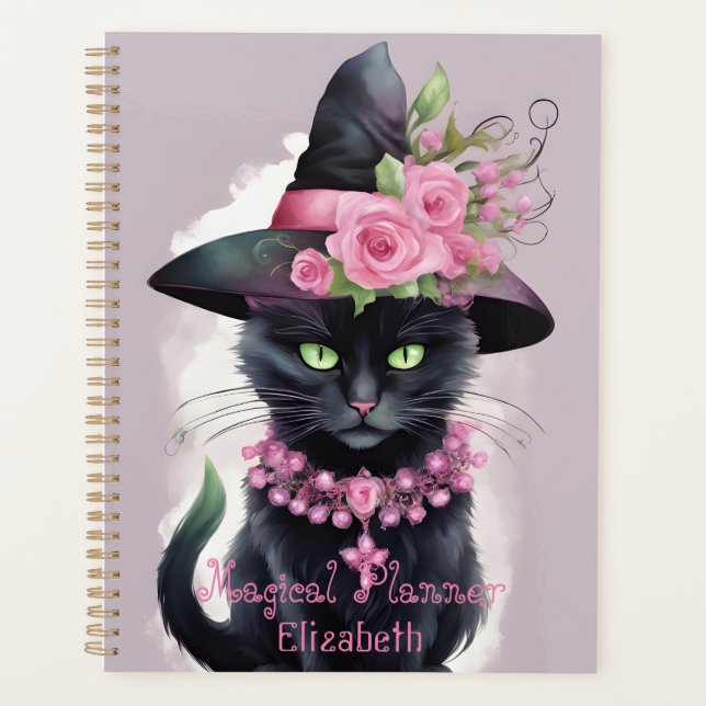 Agenda Brujas Gato Negro Flor Rosa Mágica (Anverso)