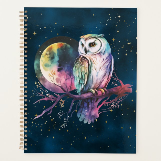 Agenda Búho Arcoíris Místico y Luna Llena Celestial (Anverso)