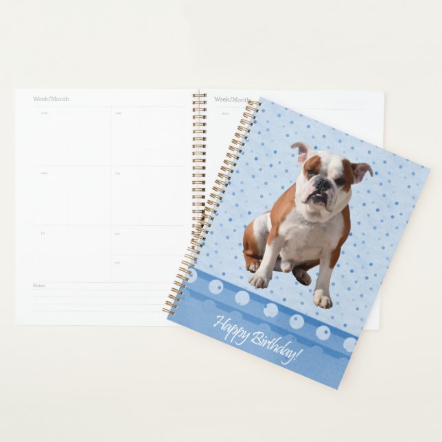 Agenda Bulldog con puntos azules feliz cumpleaños (Demostración)