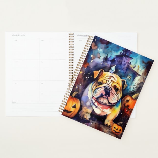 Agenda Bulldog de Halloween con calabazas temerosas (Demostración)