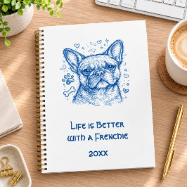 Agenda Bulldog Francés lineart azul doodle frenchie 2027