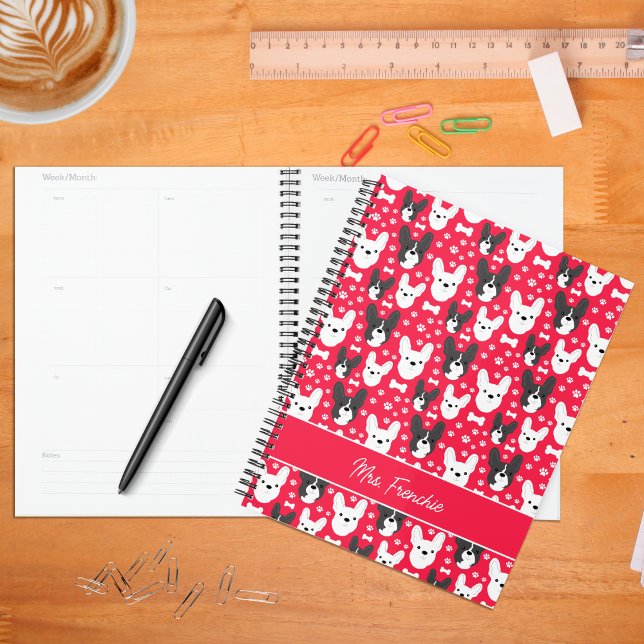 Agenda Bulldog francés Trama de francés Mensual Semanal (Frenchies in Red Customized Planner)