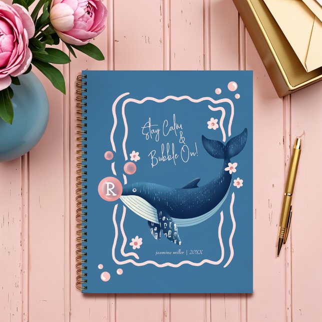 Agenda Burbujas de goma rosa de ballena azul divertida re (Fun Retro Wavy Blue Whale Pink Gum Bubbles Planner)