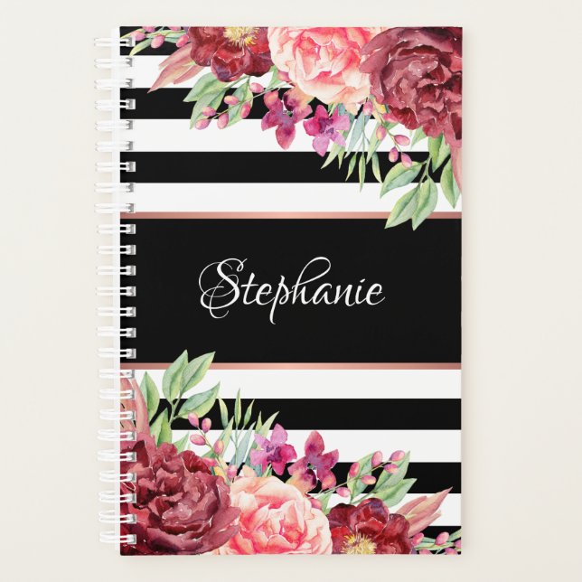 Agenda Burgundy Floral Black Stripes Monograma (Anverso)