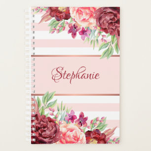 Agenda Burgundy Floral Rubor Rayas rosadas Monograma