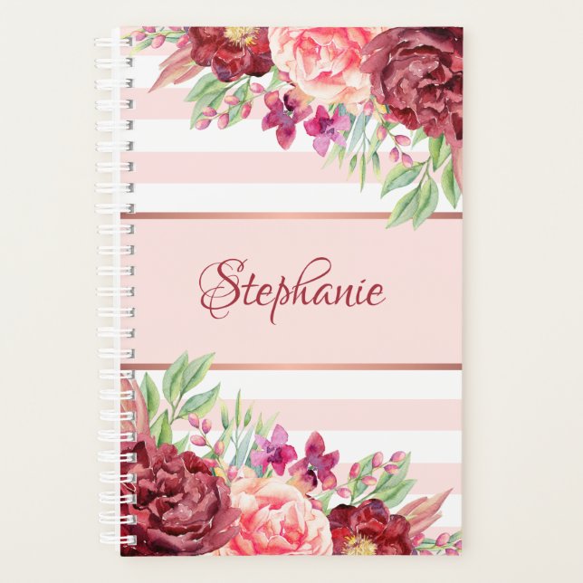 Agenda Burgundy Floral Rubor Rayas rosadas Monograma (Anverso)