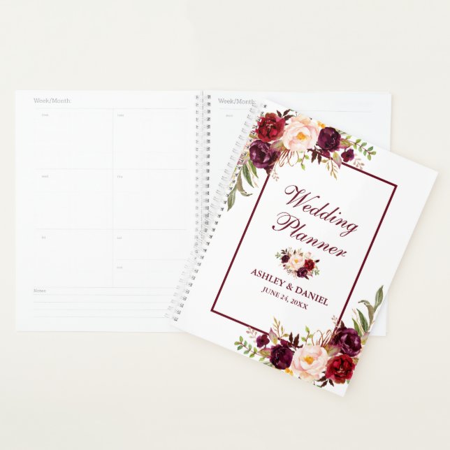 Agenda Burgundy Watercolor Floral Gold Boda (Demostración)