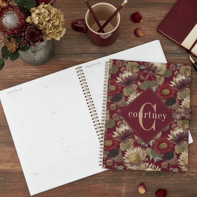 Agenda Burgundy William Morris Floral Elegant Monogram  (Subido por el creador)