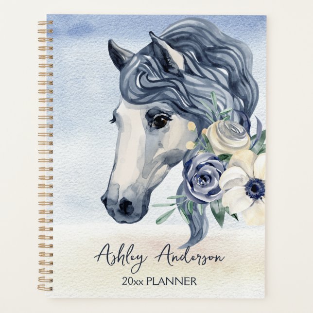 Agenda Caballo azul gris con flores nombre personalizado (Anverso)