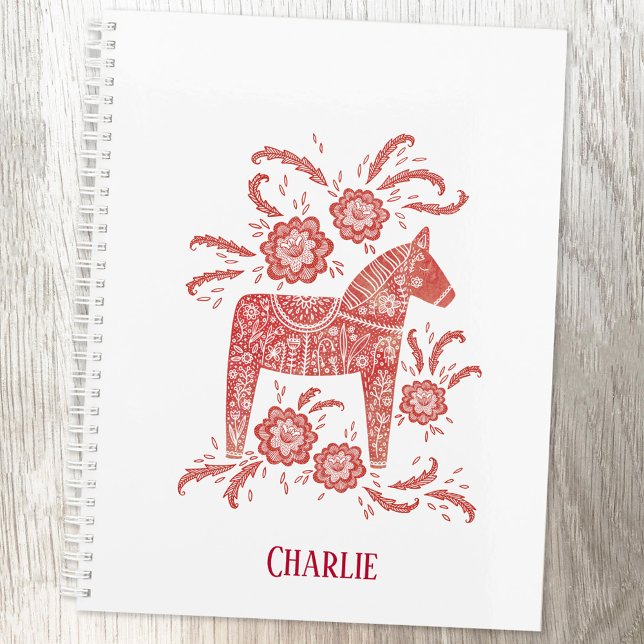 Agenda Caballo de dala sueco rojo personalizado (Swedish Dala Horse red and white folk art personalized planner)