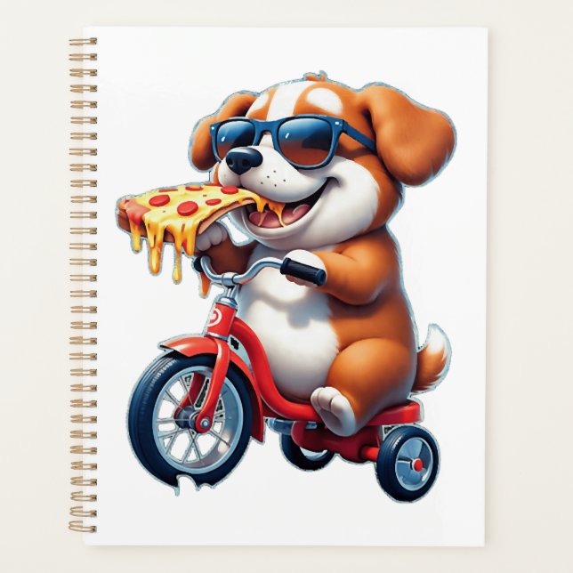 Agenda cachorro montando una bicicleta comiendo pizza (Anverso)