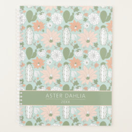 Agenda Cacti Peach Green Floral Pattern Con Nombre