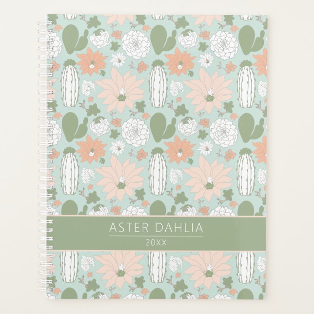 Agenda Cacti Peach Green Floral Pattern Con Nombre (Anverso)