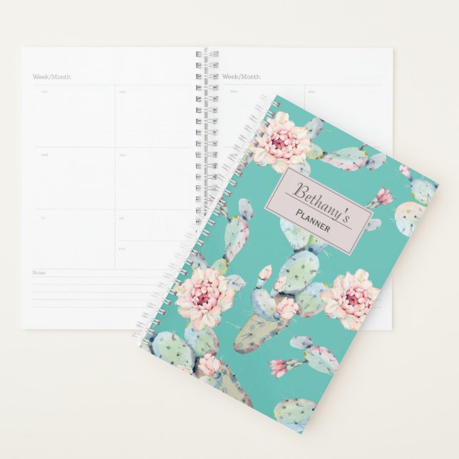 Agenda Cactus acuarela con flores personalizadas modernas (Demostración)