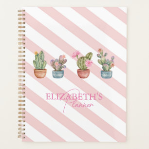 Agenda Cactus lindo con patrón de rayas rosadas y blancas