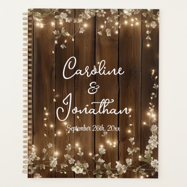 Agenda Cadena Rustica Madera Ilumina Boda Floral Blanco (Anverso)
