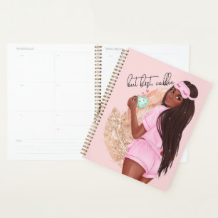 Agenda Café Falso Brillo Chica Cabello Rosa Oro Rosa