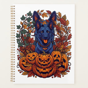 Agenda Calabazas de Halloween Pitbull Azul Hojas de Otoño