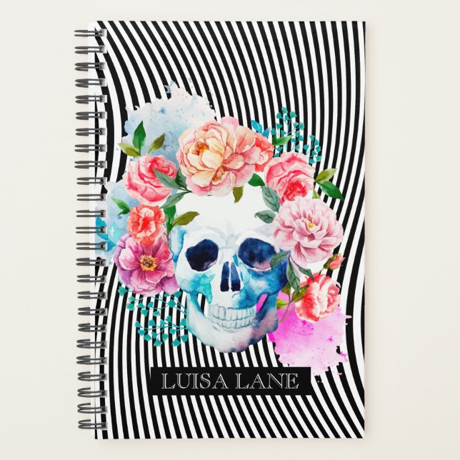 Agenda Calavera De Acuarela Floral Con Rayas (Anverso)