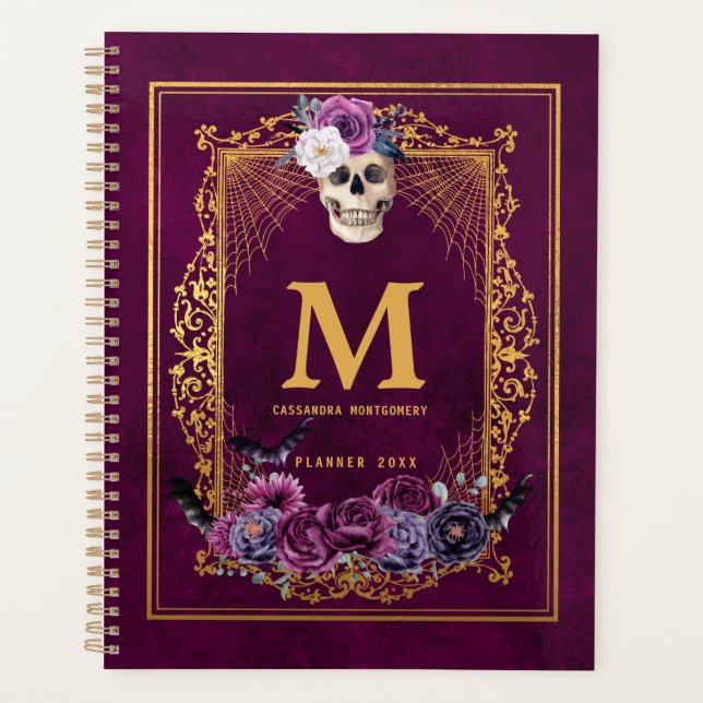 Agenda Calavera floral gótica magenta Personalizado Monog (Anverso)
