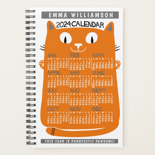 Agenda Calendario Mensual de 2024 años Naranja Cat S (Anverso)