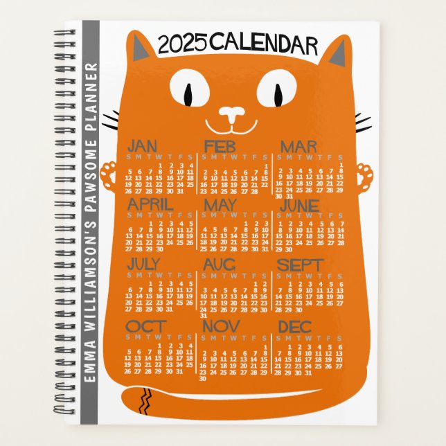 Agenda Calendario mensual de 2025 años Naranja Cat de med (Anverso)
