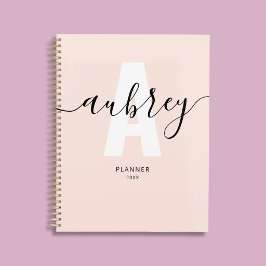 Agenda Caligrafía de Monograma Rosa Pastel Femenino