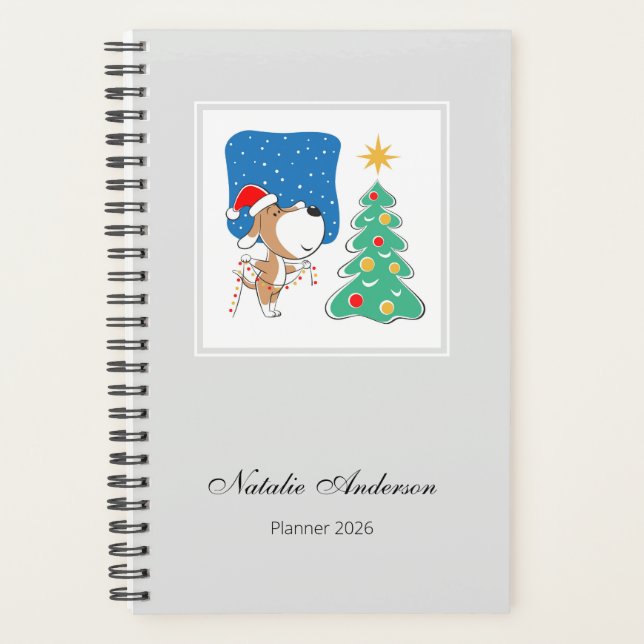 Agenda Cartoon Cute Dog Puppy Merry Christmas Tree 2026 (Anverso)