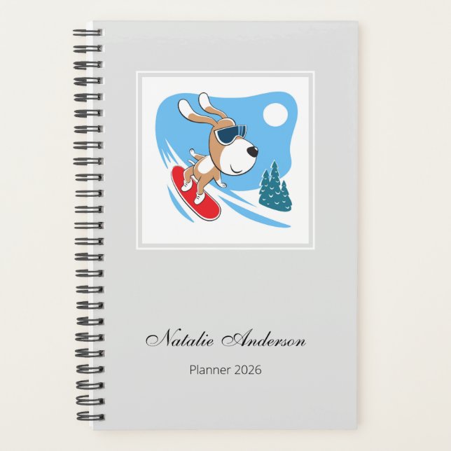 Agenda Cartoon Cute Dog Puppy Snowboard Sport 2026 (Anverso)