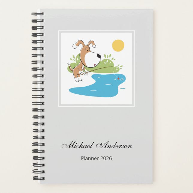 Agenda Cartoon Cute Funny Dog Puppy Fishing Humorous 2026 (Anverso)